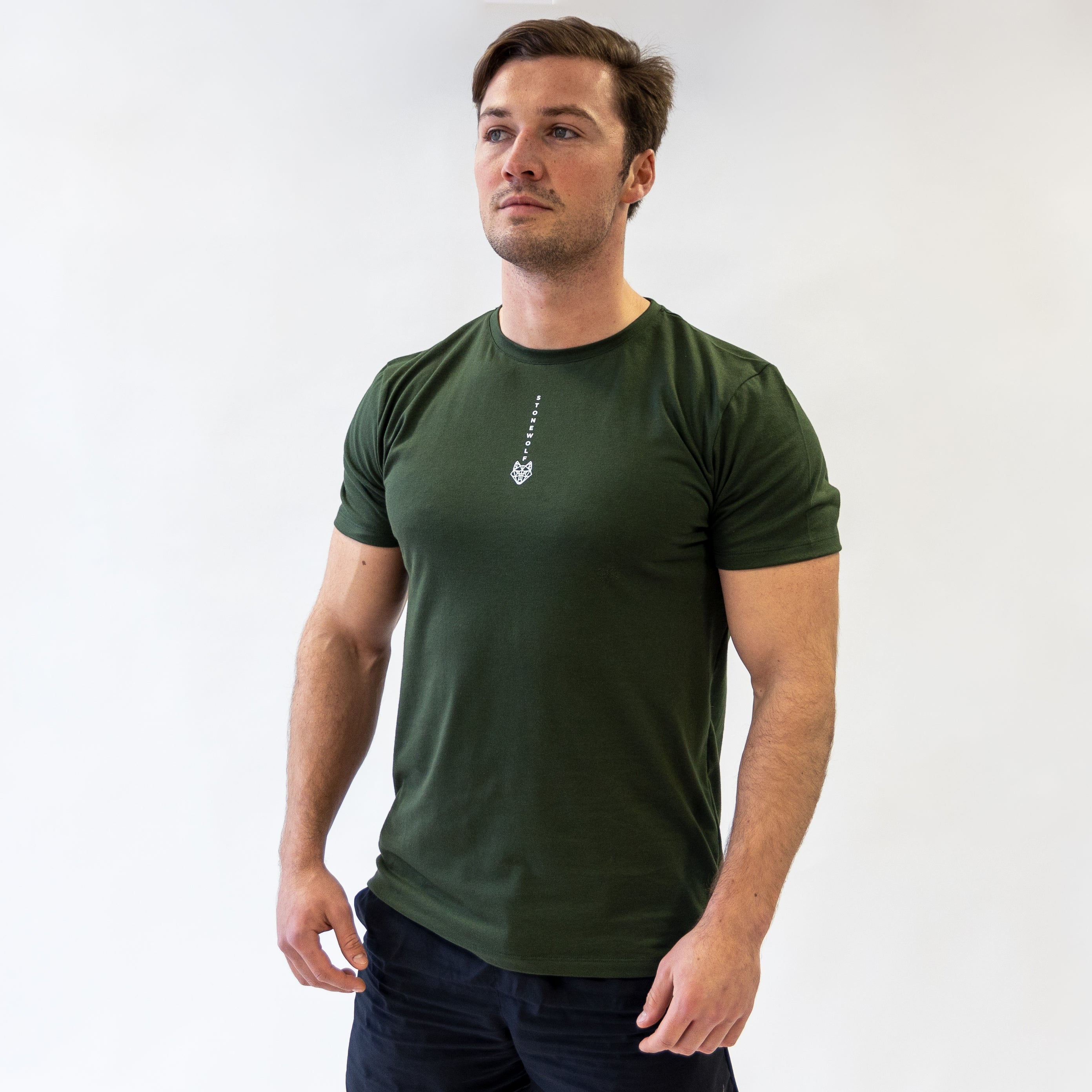 Men's Khaki Vertical Logo Training T-Shirt - StoneWolf 